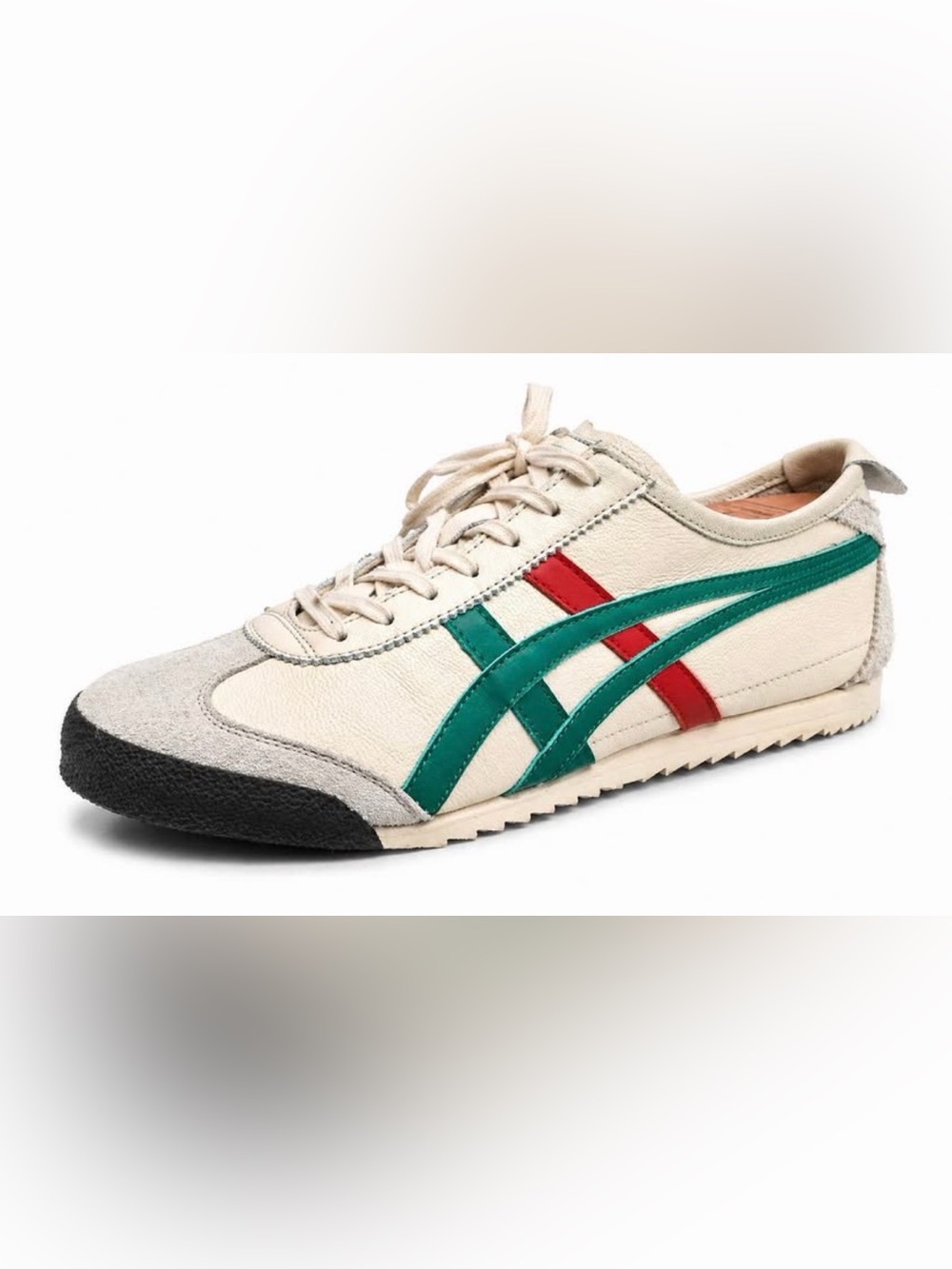 Cream Leather Sneaker with Green and Red Stripes